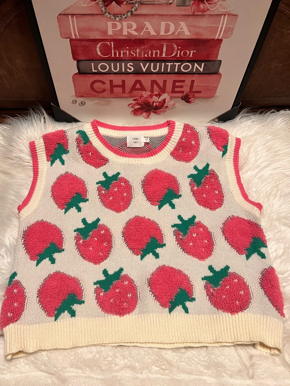 Luna ivy  Strawberry Knit Vest - Cream with Pink & Green women’s size S